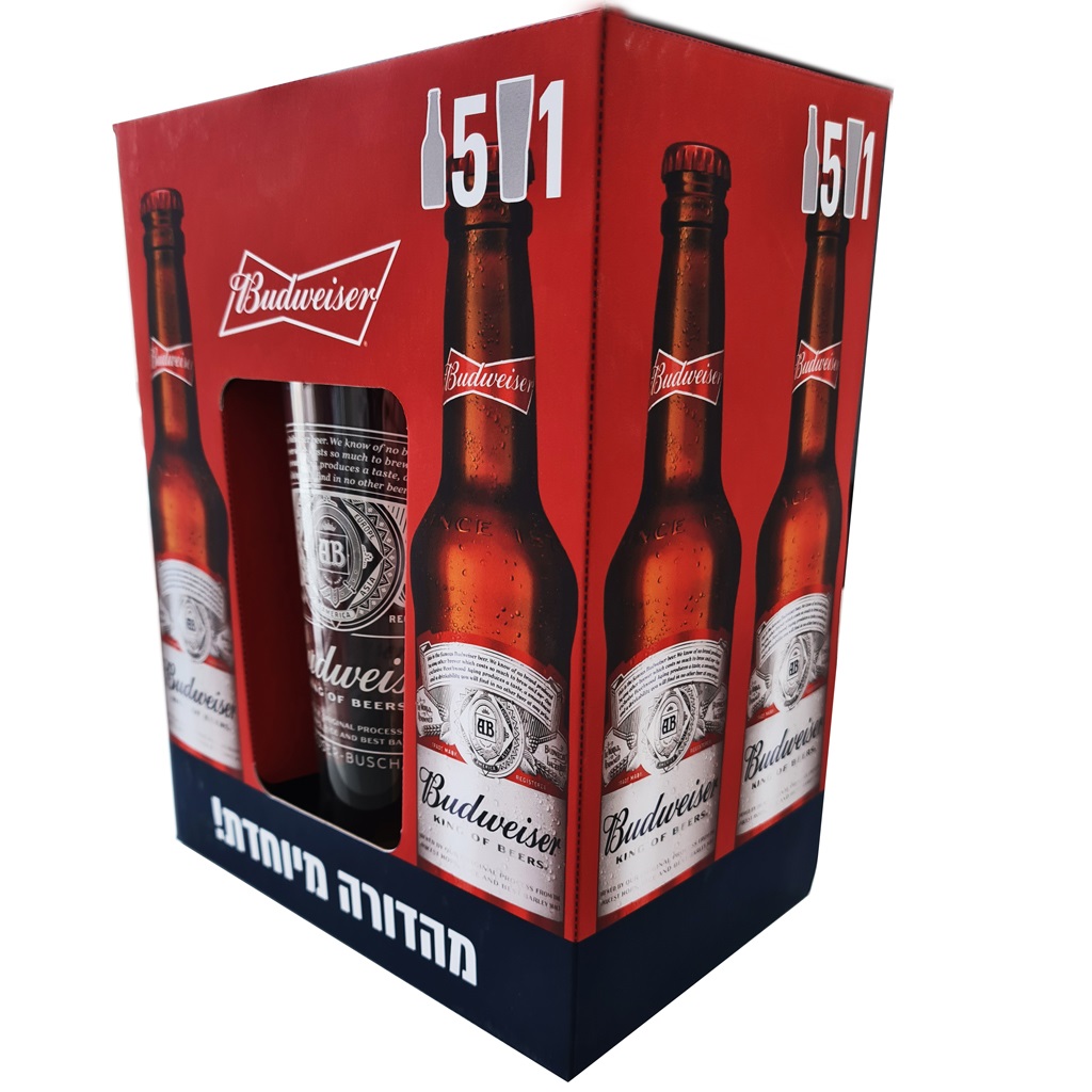מארז בירה באדוויזר 5 בקבוקים 330 מ"ל וכוס מתנה 