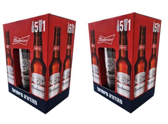 2 מארזים בירה באדוויזר 5 בקבוקים 330 מ"ל ו-1 כוס מתנה