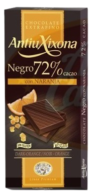 Antiuxixona שוקולד מריר 72% קקאו עם חתיכות תפוז 100 גרם 