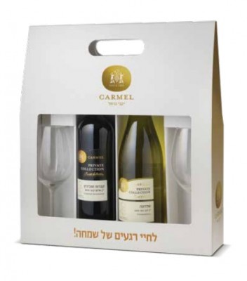 מארז יקב כרמל 2 בק' PC אדום/לבן עם 2 כוסות