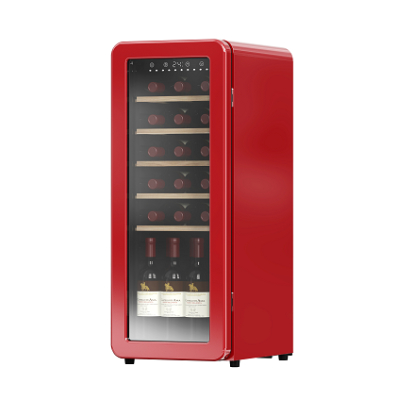 מקרר יין רטרו אדום 21 בק, מדחס, מדפי עץ נשלפים, תצוגה דיגיטלית.